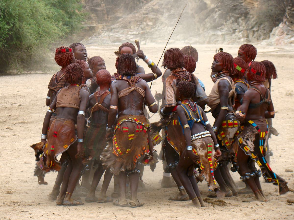Obrzky ke strnce cestopis Etiopie, dol Omo vchodn st: eny a dvky kmene Hamar tancuj pi slavnosti skkn pes bky.